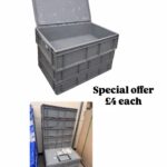 Heavy duty plastic crate storage stacking boxes, measuring 60cm x 40cm x 16cm