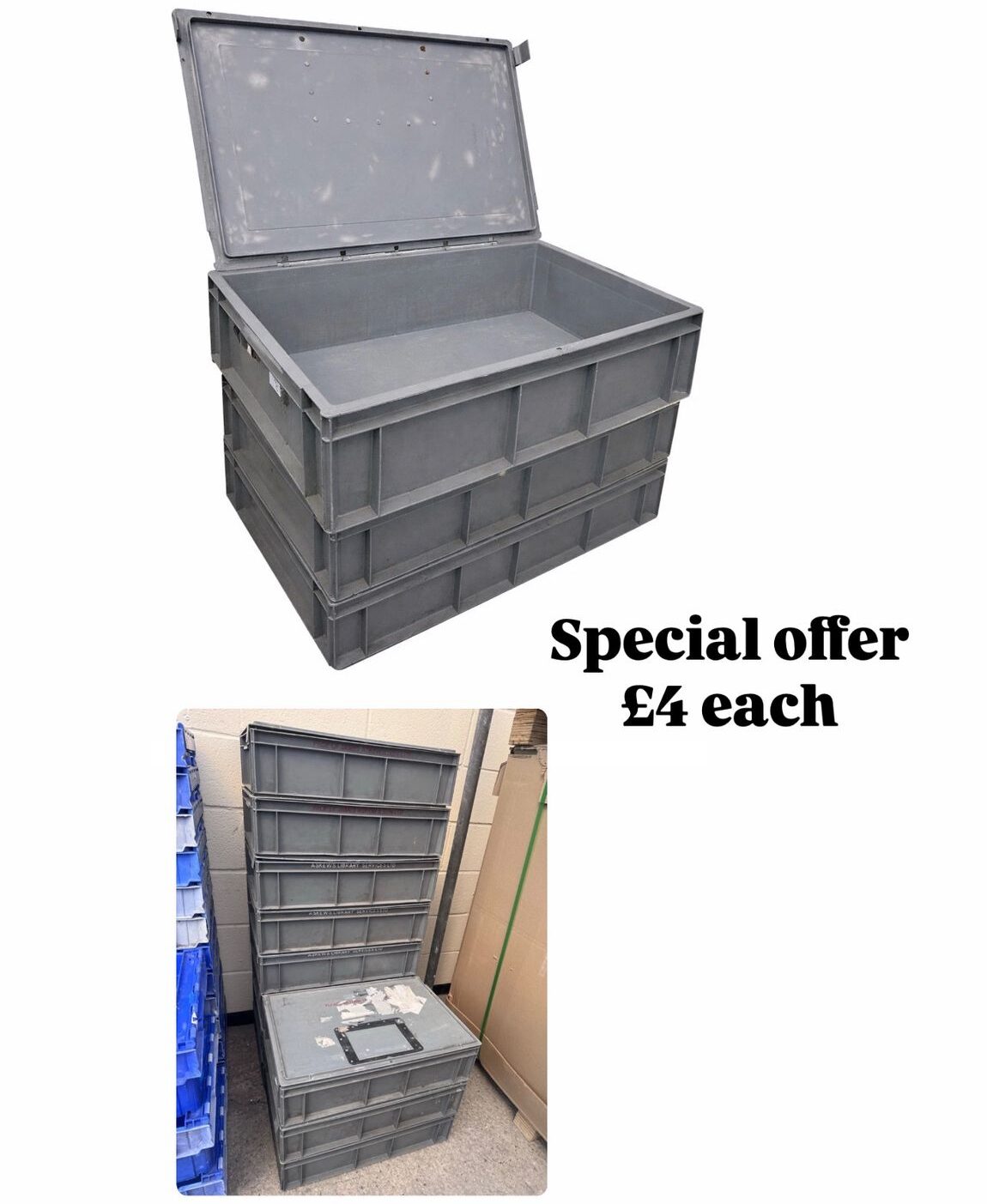 Heavy duty plastic crate storage stacking boxes, measuring 60cm x 40cm x 16cm