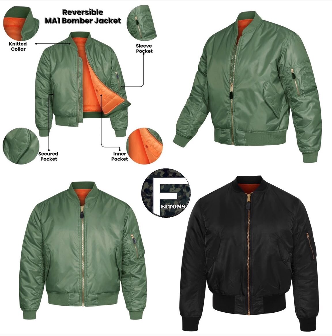 New Bomber Jacket MA1 Flight Pilot US Air Force Military Padded Biker Coat Available in Olive & Black