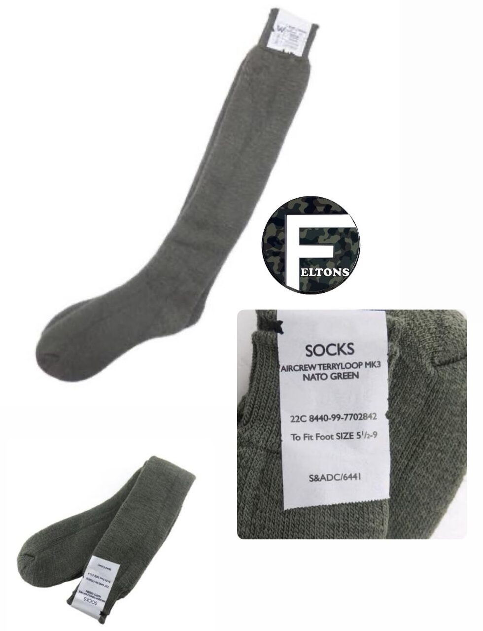 Aircrew Socks - Green RAF / Military Issue Long Warm Cold Weather Socks